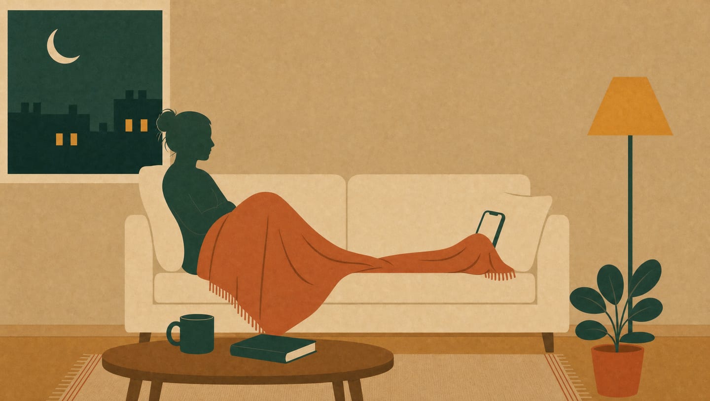 Illustration av en kvinna som ligger i en soffa under en filt en kväll och tittar ut genom fönstret mot månen. En mobiltelefon ligger vid hennes fötter.