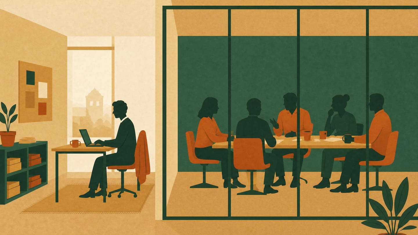 Illustration av en person som sitter i en fåtölj i ett ljust kontorslandskap med en anteckningsbok på bordet bredvid sig.