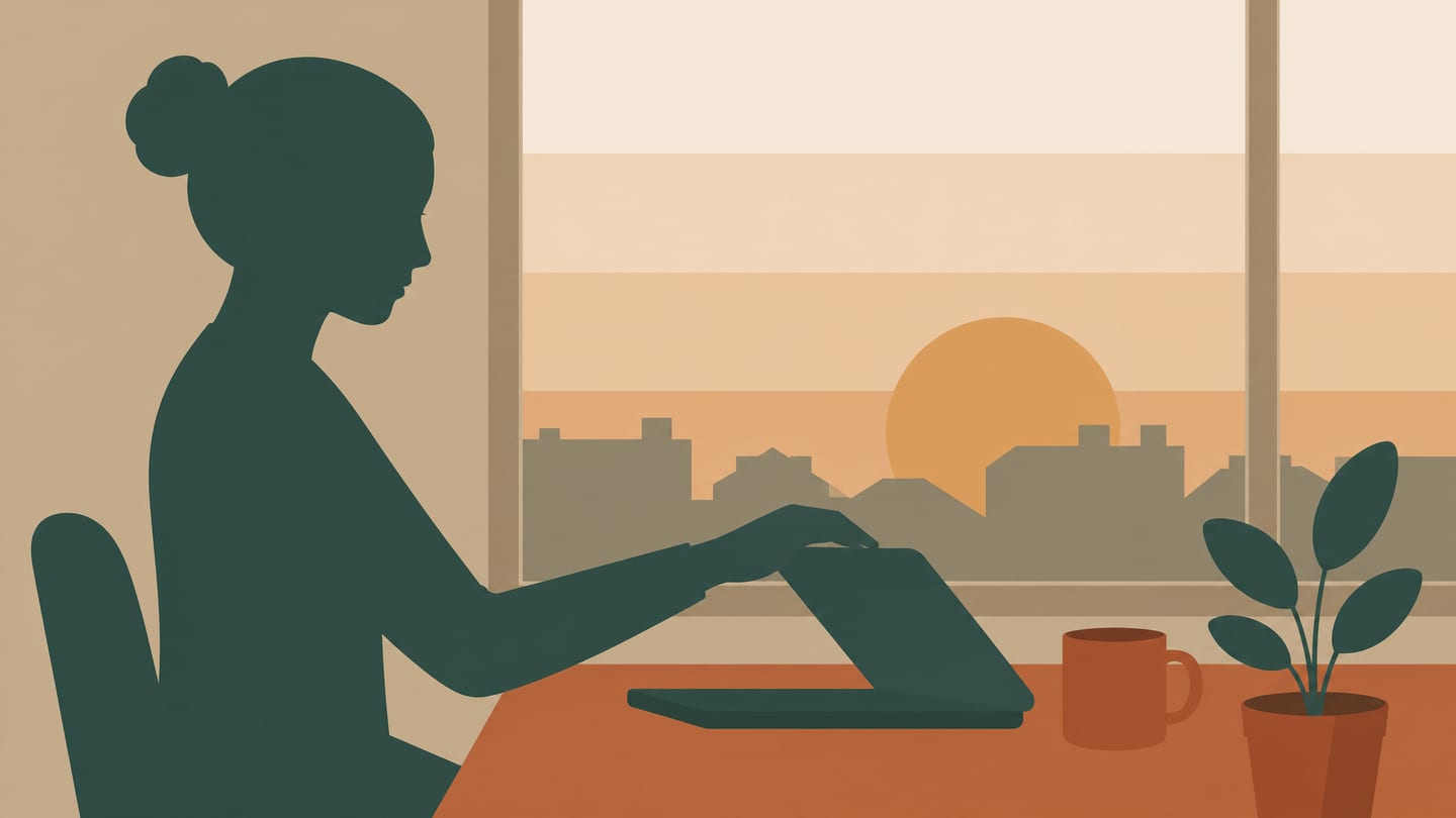 Illustration av en person som sitter i en fåtölj i skymningsljus med ett stängt anteckningsblock på ett bord bredvid sig.