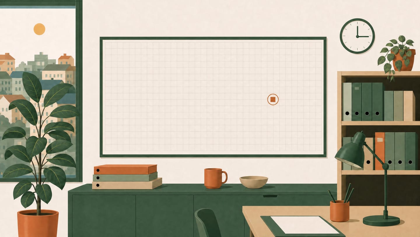 Illustration av ett kontor med en stor tom whiteboard med rutnät. I ena hörnet av tavlan sitter en liten orange markering. Runt omkring står en krukväxt, en bokhylla med pärmar och ett skrivbord med en lampa.