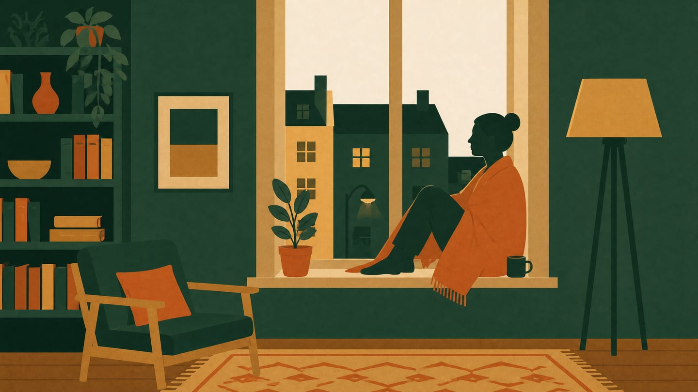 Illustration av en person som sitter i en säng i ett mörkt sovrum med ett öppet anteckningsblock bredvid sig.