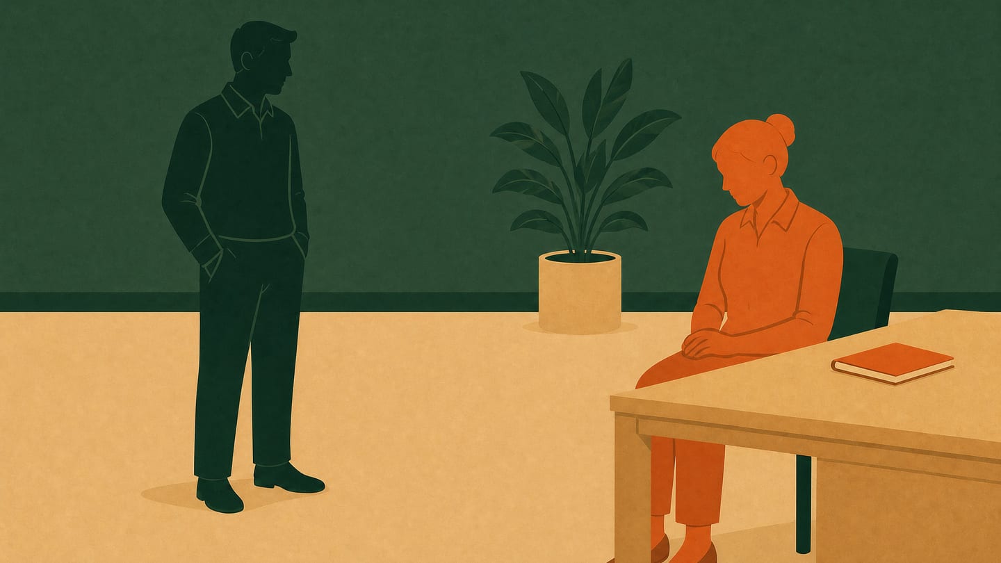 Illustration av en person som sitter i en lugn kontorsmiljö bredvid en liten grön växt.